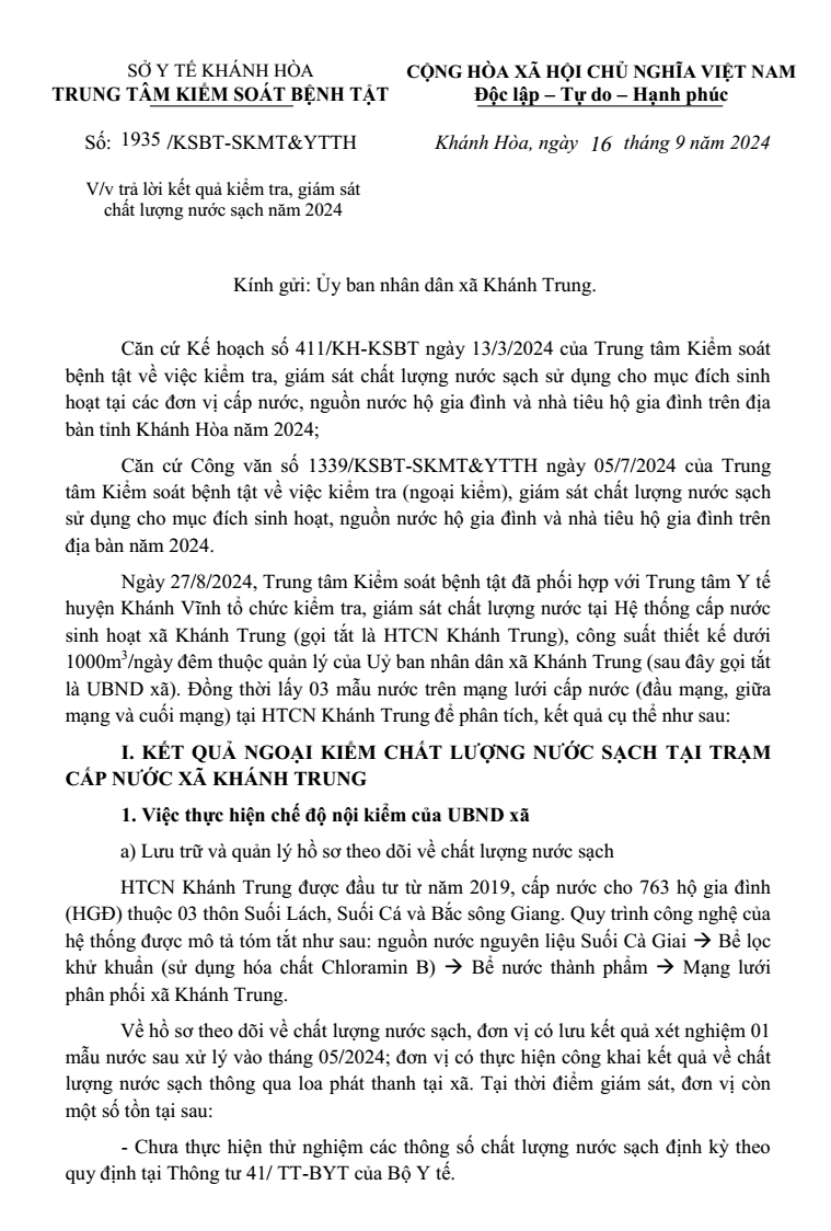 Trả lời kết quả kiểm tra, giám sát chất lượng nước sạch năm 2024